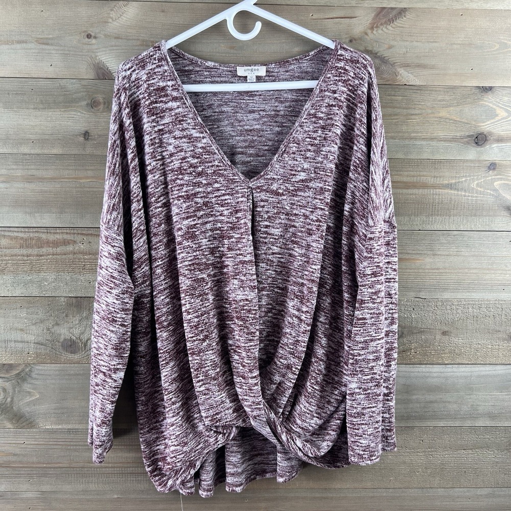 Umgee Womens Shirt Long Sleeve Vneck Twist Front Hem Heathered SIze Medium